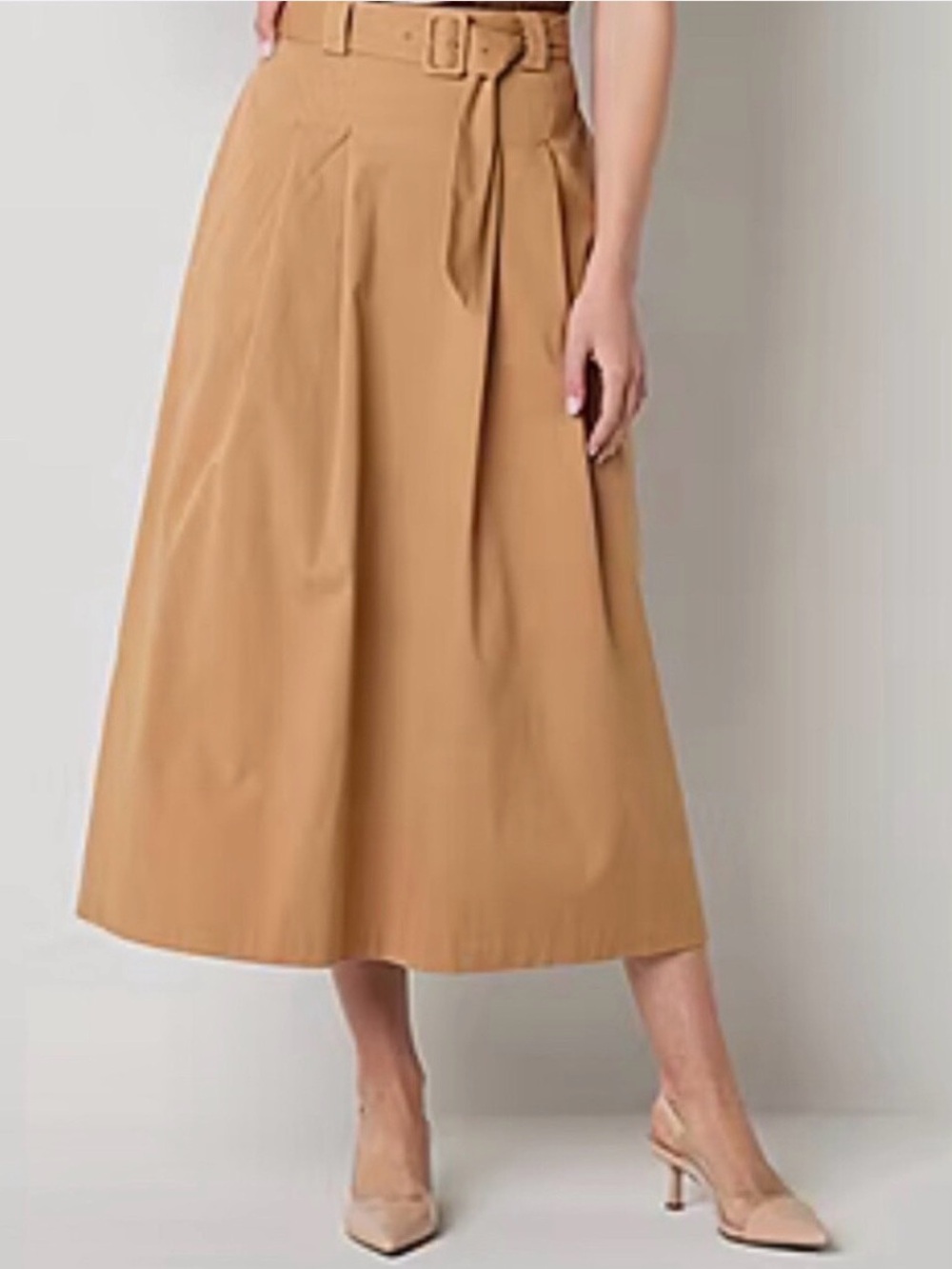 Worthington Tan Belted Pleated Midi Skirt